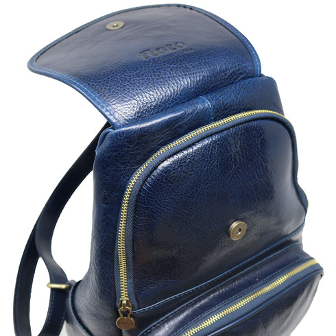 The Floto Livorno leather backpack is a wommen's fashion pack that is handcrafted in Italy. This is the Livorno Backpack in Blue. Top view.